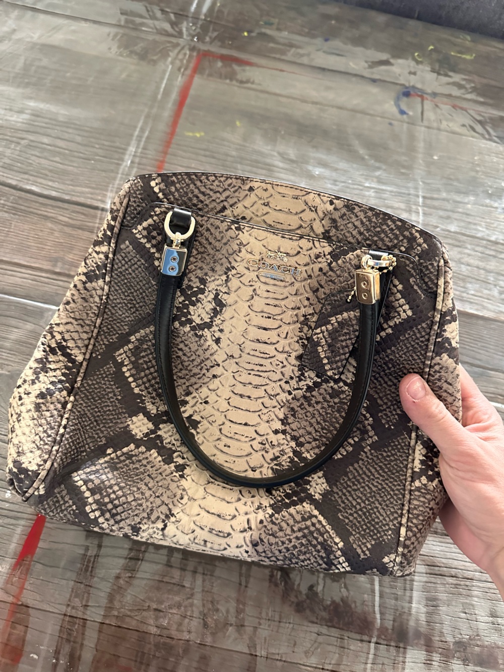 Coach Mini Tote in Neutral Snake-Print with Black Handles